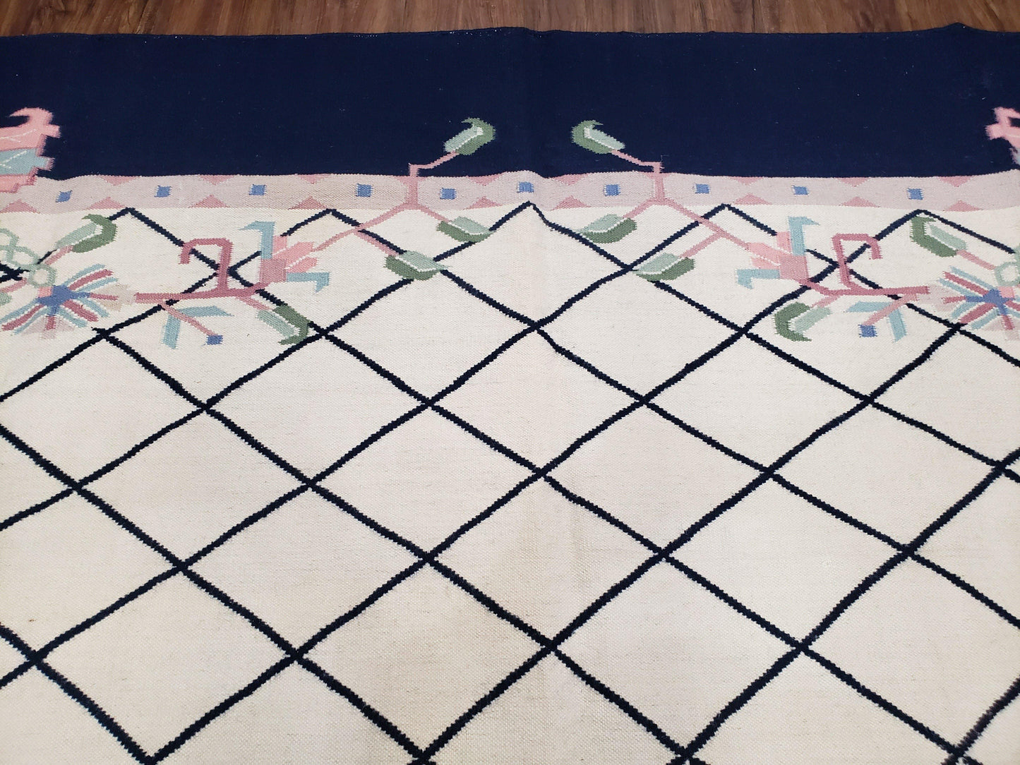 Vintage Dhurrie Rug, Indian Dhurrie 8x11 - 9x11, Wool Hand-Woven Ivory & Black Indo Carpet, Large Flat Weave Rug Living Room Rug Black White