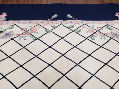 Vintage Dhurrie Rug, Indian Dhurrie 8x11 - 9x11, Wool Hand-Woven Ivory & Black Indo Carpet, Large Flat Weave Rug Living Room Rug Black White