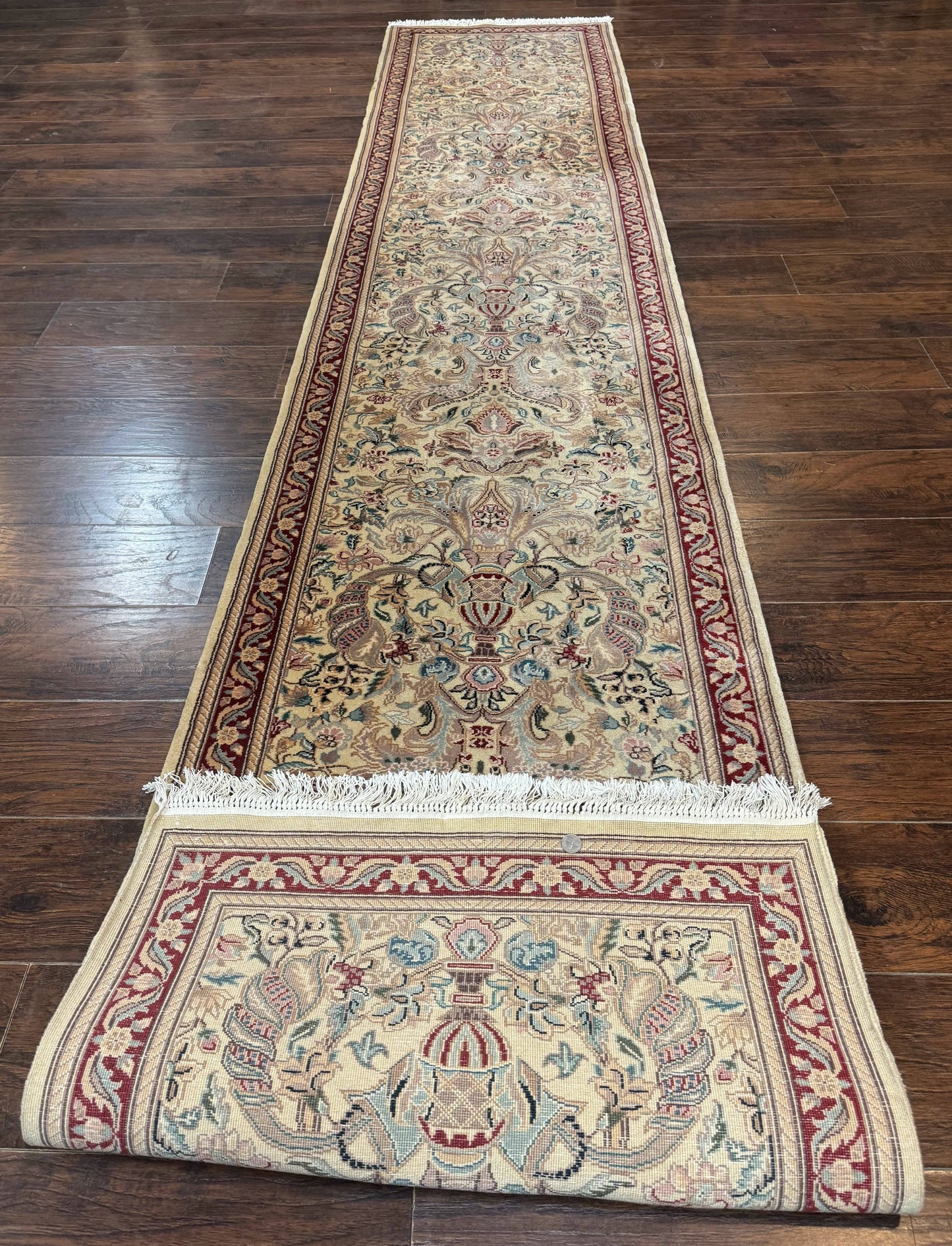 Pakistani Runner Rug 2.8 x 14, Pak Persian Hallway Rug, Cream Color