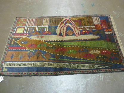 Vintage Afghan Balouch Tribal Wool Pictorial Rug 3x5 Handmade