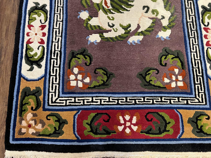 Chinese Art Deco Rug 3x5.5 Hand Knotted Wool With Animal Pictorials Vintage Peking Carpet