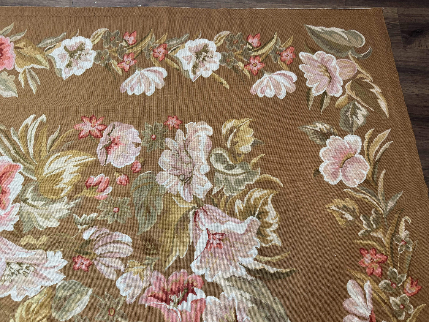 Large Needlepoint Rug 11x14, Vintage Floral Wool Carpet, Caramel