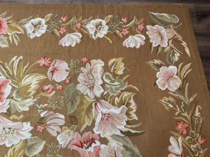 Large Needlepoint Rug 11x14, Vintage Floral Wool Carpet, Caramel