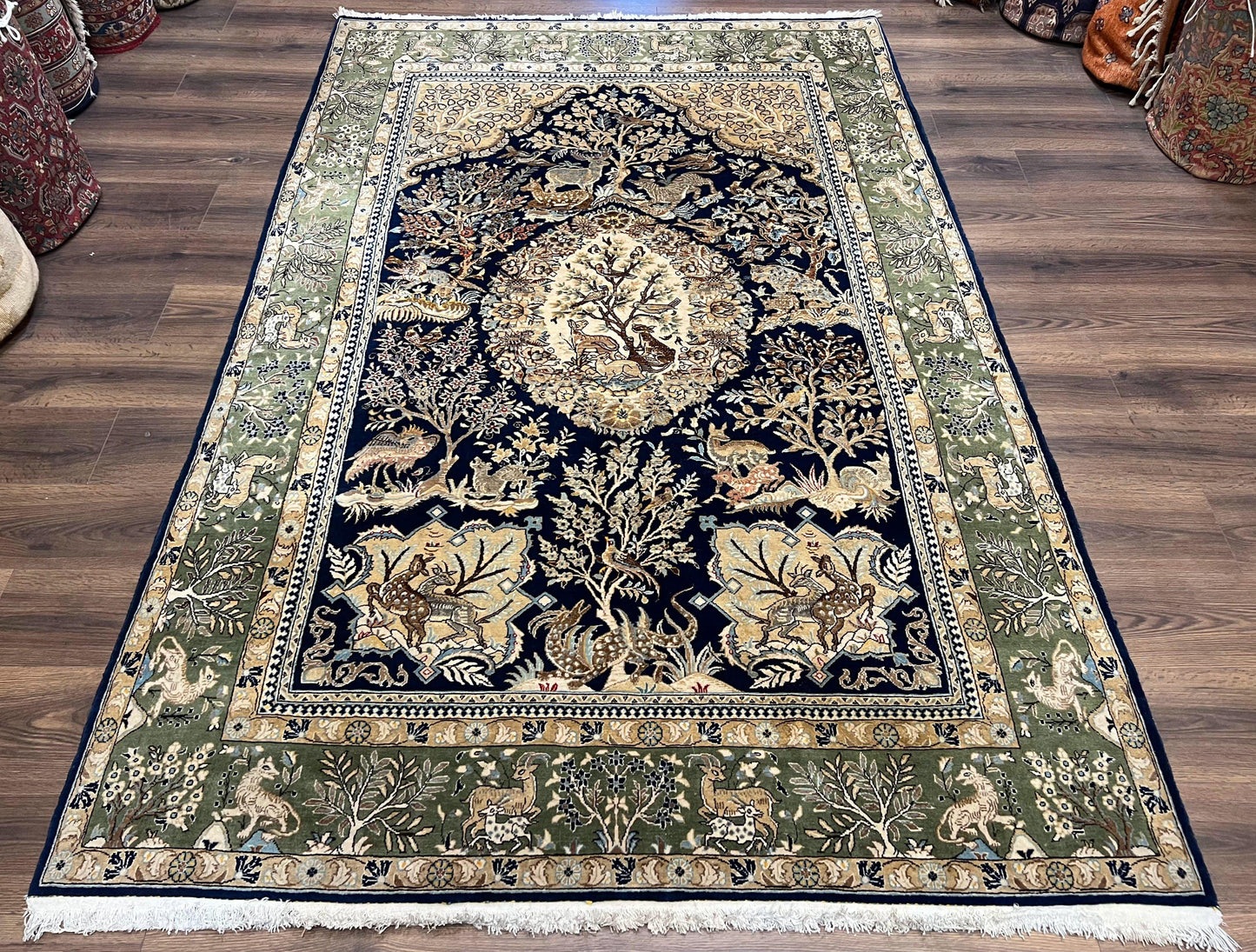 Persian Qum Rug 6x9 Hand Knotted Tree Of Life Oriental Carpet Navy Blue Green