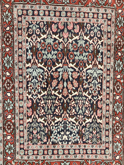 Pak Persian Rug 3x4, Wool Hand Knotted Vintage Traditional Carpet, Navy Blue & Red, Very Fine Small Handmade Floral Rug