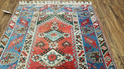 Handmade Turkish Shirvan Kazak Wool Rug 4x6 Colorful Vintage Style