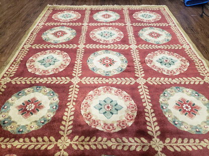 Aubusson Rug Nepalese Hand Knotted Wool 6x9 Red Ivory Area Rug For Office