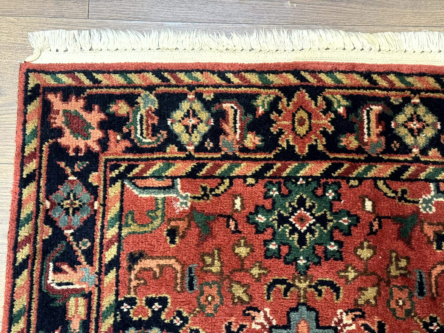 Indo Persian Heriz Runner Rug 2 x 12 ft, Hand Knotted Wool Hallway Rug, Red & Black