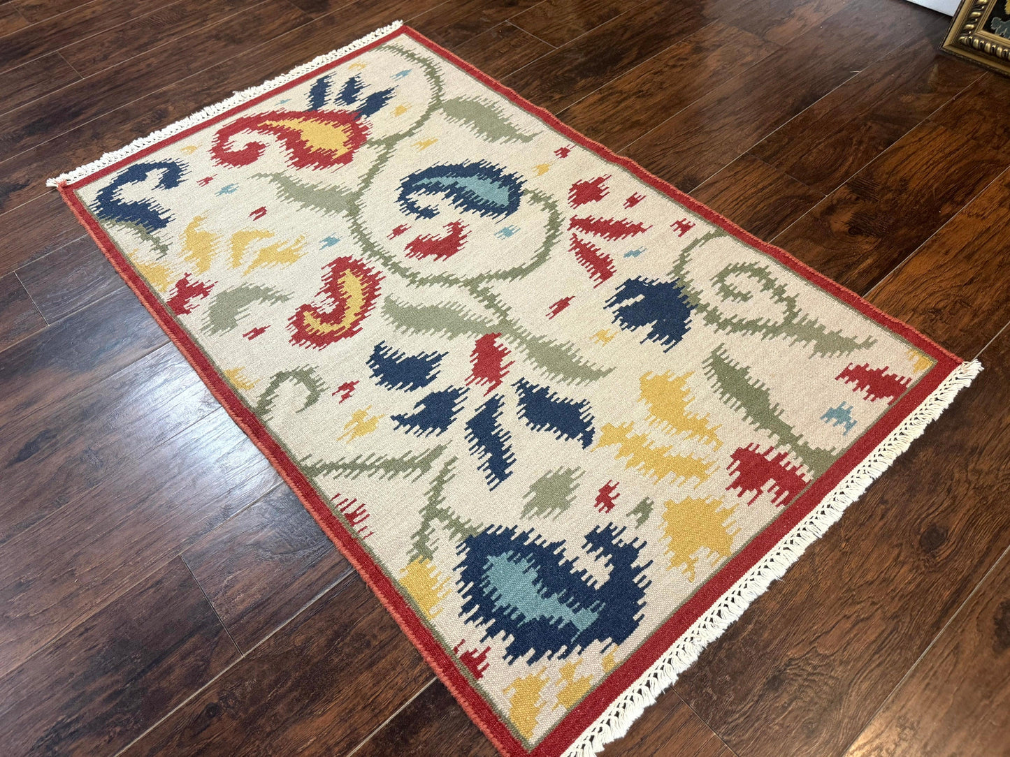 Indian Kilim Flatweave Rug 3x5, Abstract, Beige and Multicolor Flowers, Handmade