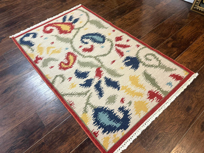 Indian Kilim Flatweave Rug 3x5, Abstract, Beige and Multicolor Flowers, Handmade