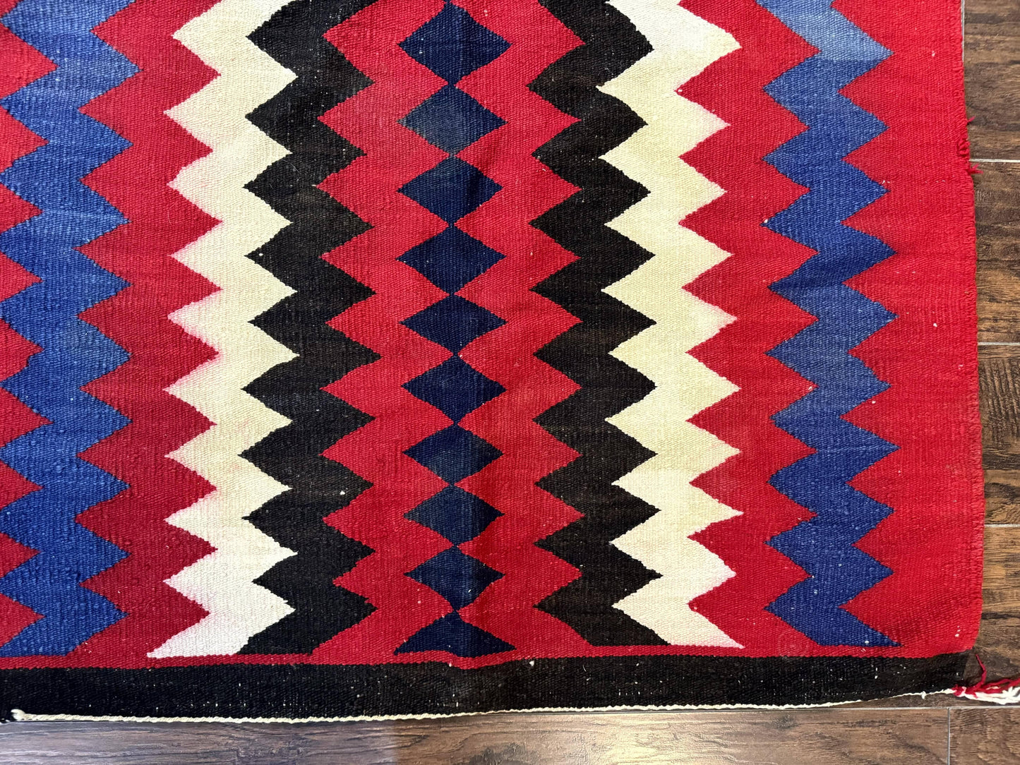 Antique Navajo Rug Handmade Wool Area Rug With Red Ivory Blue Zigzag Pattern