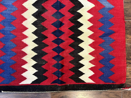 Antique Navajo Rug Handmade Wool Area Rug With Red Ivory Blue Zigzag Pattern