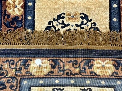 Silk Chinese Rug 2x4 Hand Knotted Peking Carpet In Golden Beige And Blue