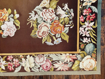 Vintage Needlepoint Rug 9x12 Handmade Wool Carpet With Floral Bouquets European Design