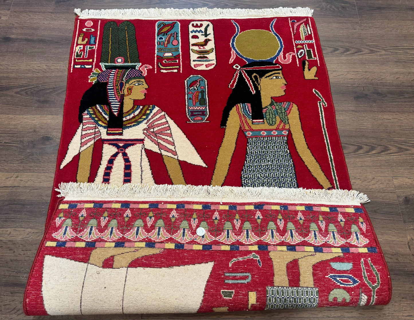 Egyptian Pictorial Rug 3x4, Hieroglyphic Pictorial Rug, Egyptian Prince and Princess, Cleopatra, Vintage Handmade, Red