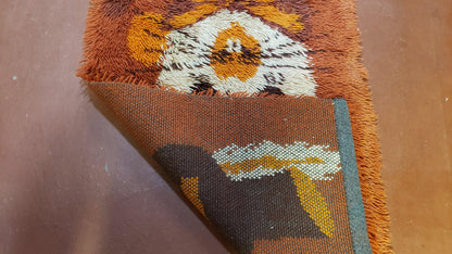 Rya Shag Rug 2x3 Mid Century Modern Danish Wool Accent Rug Dark Orange 1960s Style