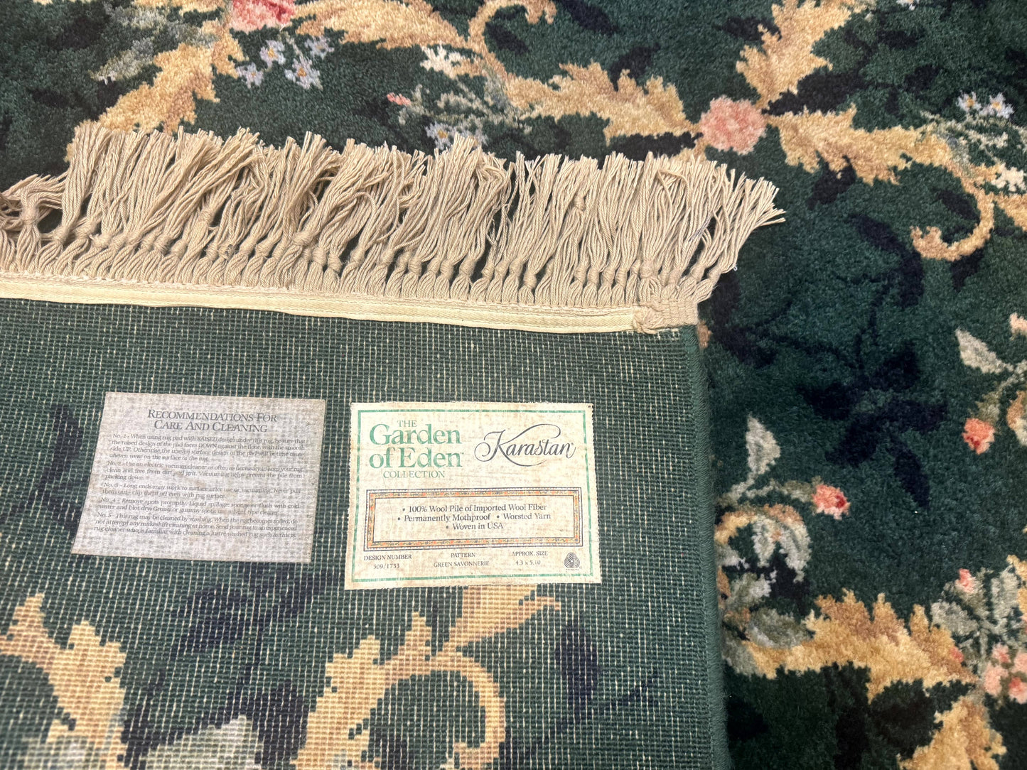 Karastan Garden of Eden Rug 4x6 Green Savonnerie Vintage Carpet