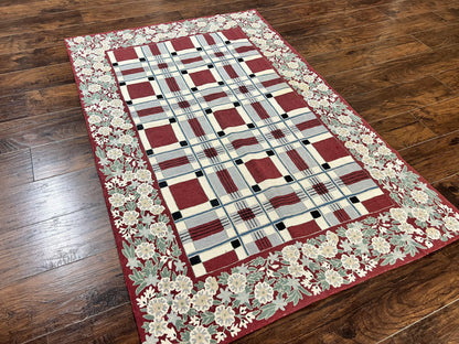 Indian Hand Stitched Rug 4x6, Vintage Carpet, Checkerboard Floral Pattern, Maroon Ivory, Flatweave, Wool