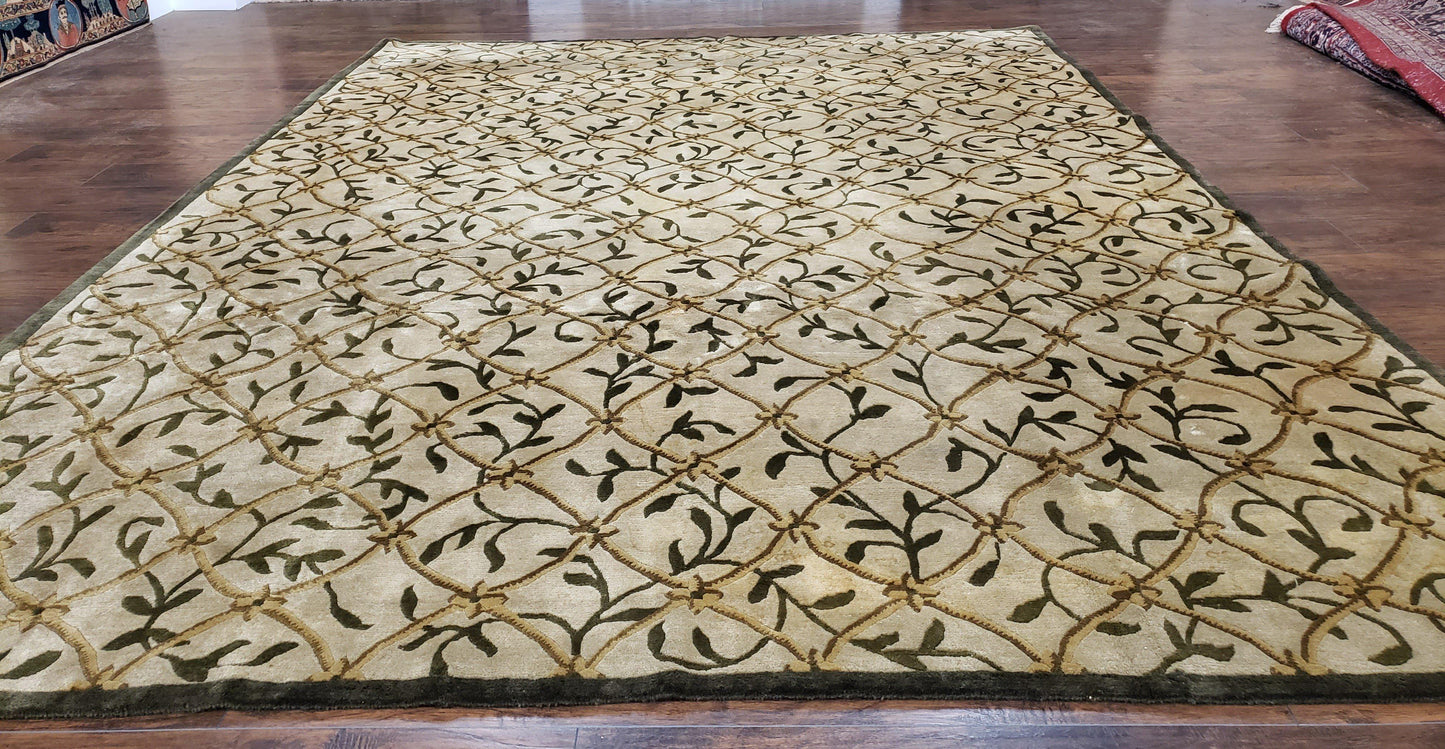 Vintage Tibetan Area Rug 9x12 Hand Knotted Wool Nepali Beige Soft Pile For Living Room