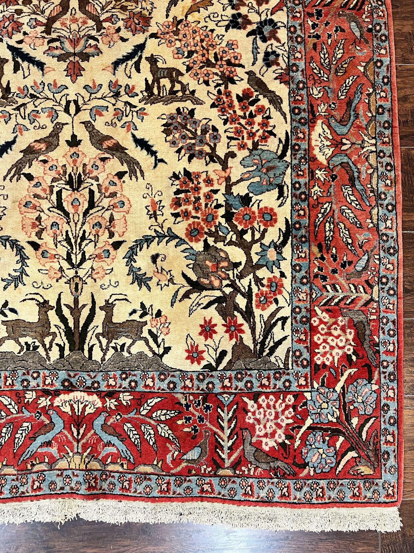 Persian Tree of Life 5x7, Qum Rug, Animal Motifs, Deer Birds, Fine 225 KPSI, Semi Antique Wool Rug, Cream Red