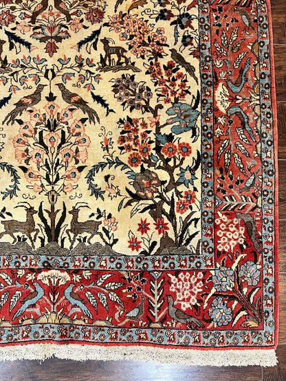 Persian Tree of Life 5x7, Qum Rug, Animal Motifs, Deer Birds, Fine 225 KPSI, Semi Antique Wool Rug, Cream Red