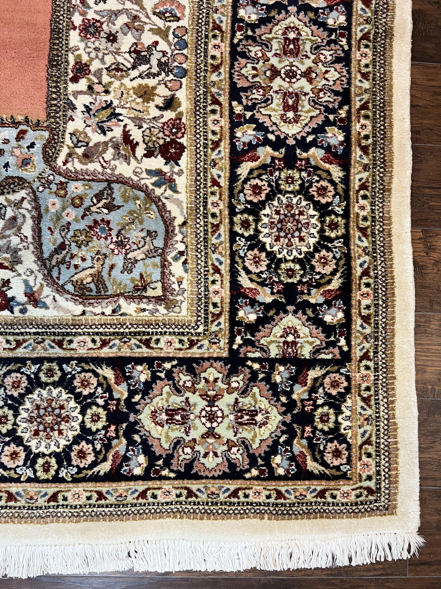 Persian Tabriz Rug 10x13, Wool Hand Knotted Vintage Carpet, Salmon Red & Ivory, Semi Open Field, Birds & Animal Motifs, Large Rug