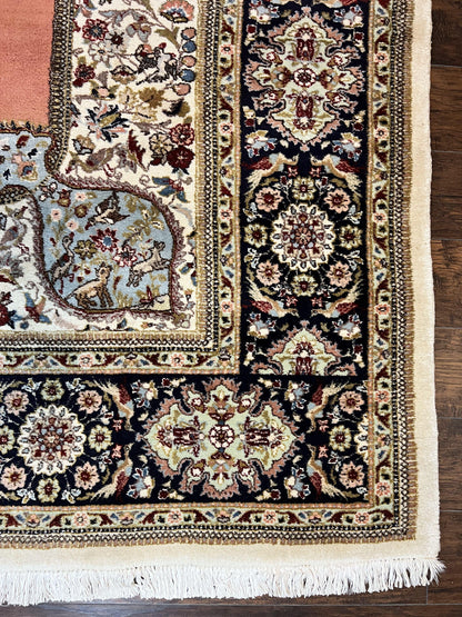 Persian Tabriz Rug 10x13, Wool Hand Knotted Vintage Carpet, Salmon Red & Ivory, Semi Open Field, Birds & Animal Motifs, Large Rug