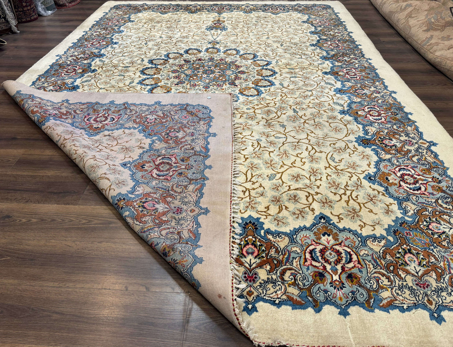 Persian Kashan Rug Hand Knotted Wool 9 X 12.6 Ivory And Blue Floral Medallion Semi Antique Carpet