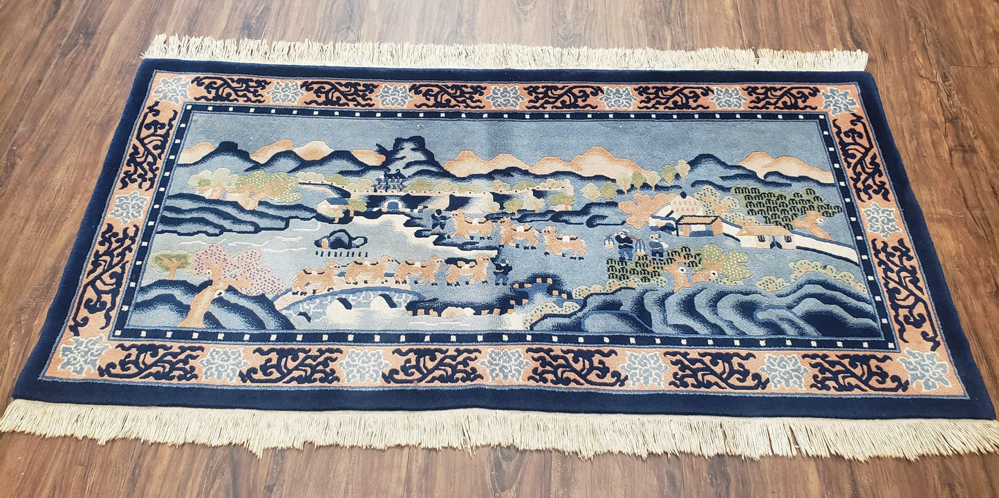 Chinese Pictorial Rug Hand Knotted Wool Vintage 28x55 Inches Teal And Blue Carpet Wall Tapestry
