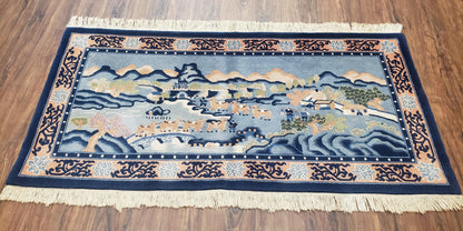 Chinese Pictorial Rug Hand Knotted Wool Vintage 28x55 Inches Teal And Blue Carpet Wall Tapestry