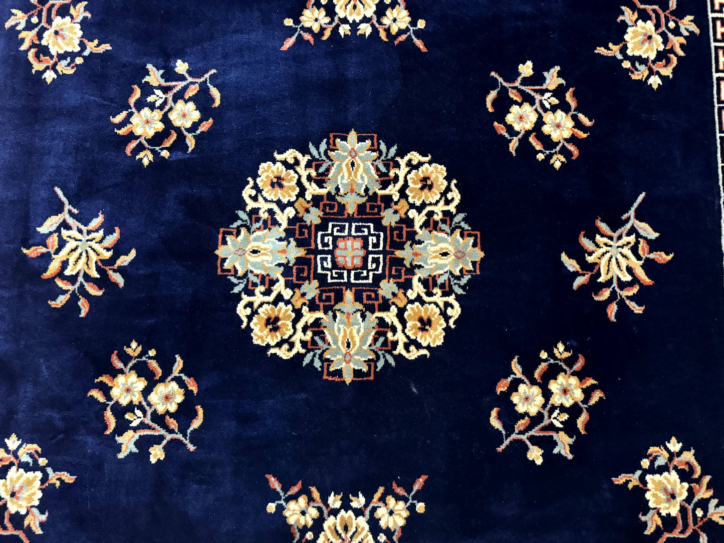 Vintage Chinese Wool Rug 8x11 in Navy Blue and Terracotta Floral Design, Couristan Power-Loomed