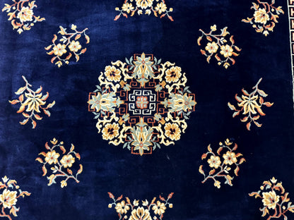Vintage Chinese Wool Rug 8x11 in Navy Blue and Terracotta Floral Design, Couristan Power-Loomed