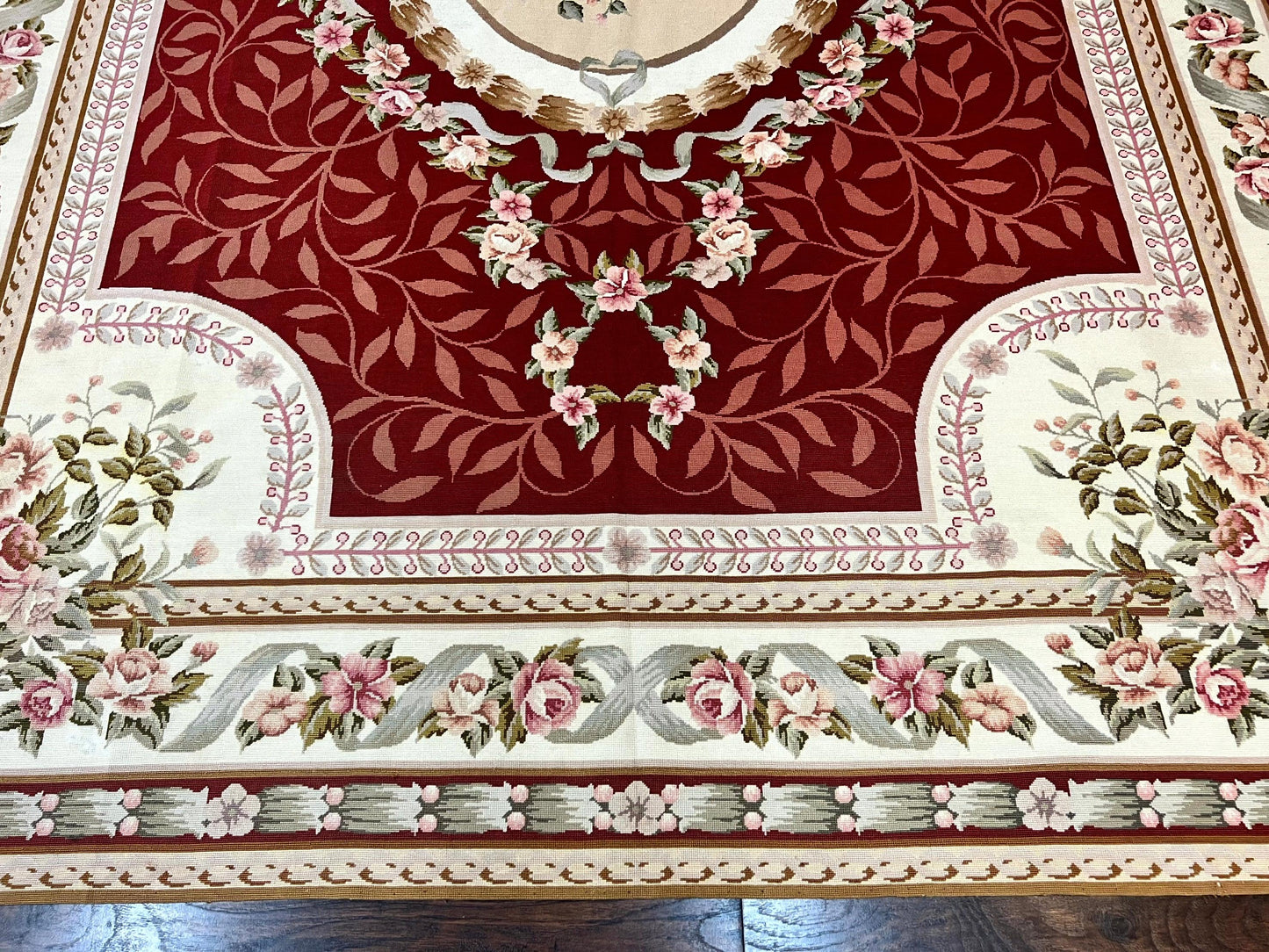 Aubusson Rug Handmade Vintage Needlepoint Carpet 9x12 Red Ivory Wool Elegant European Design