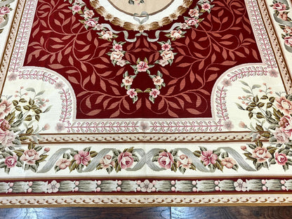 Aubusson Rug Handmade Vintage Needlepoint Carpet 9x12 Red Ivory Wool Elegant European Design