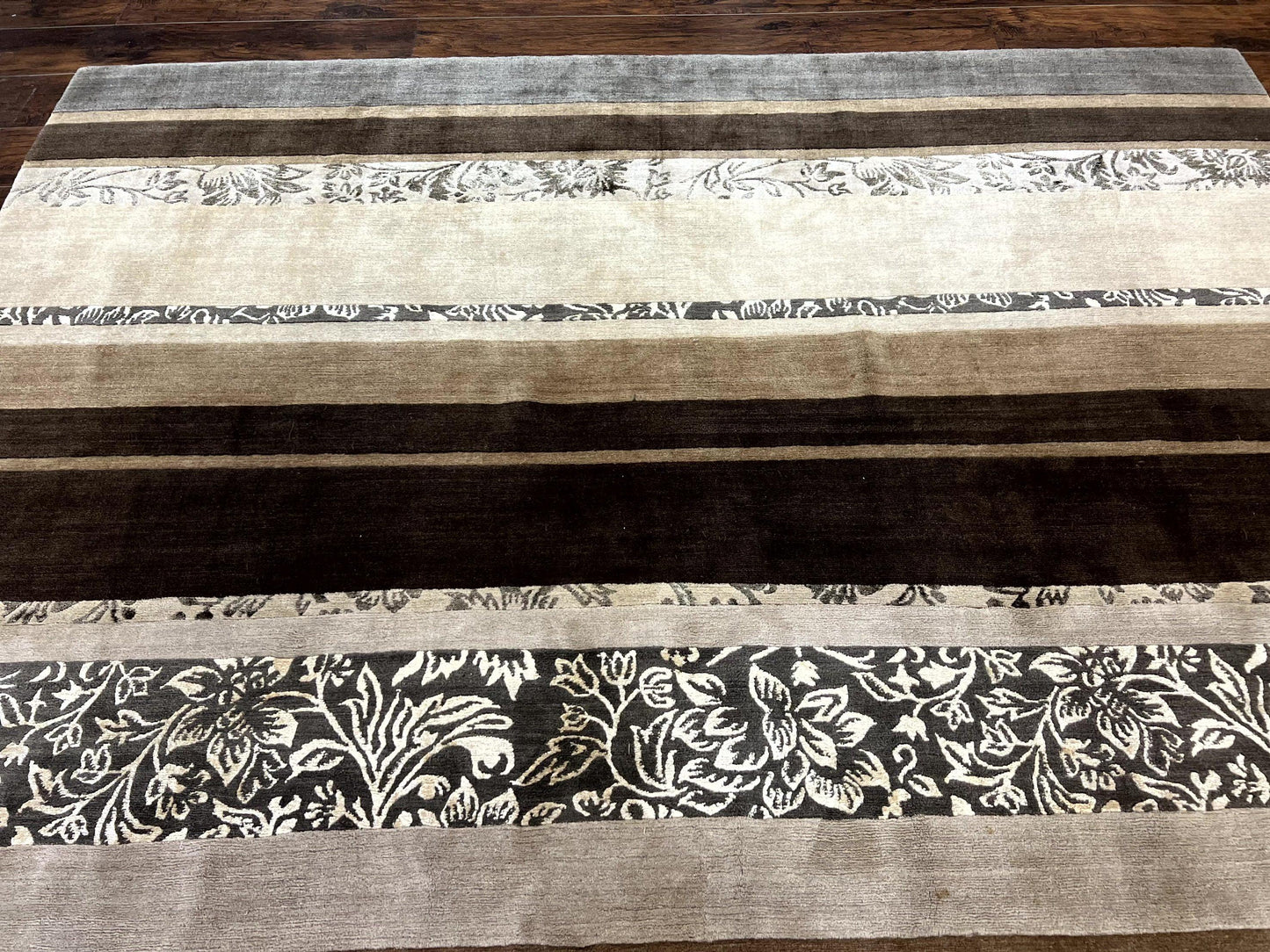 Tibetan Nepali Rug Handmade Wool With Silk Highlights And Stripe Pattern 8x12