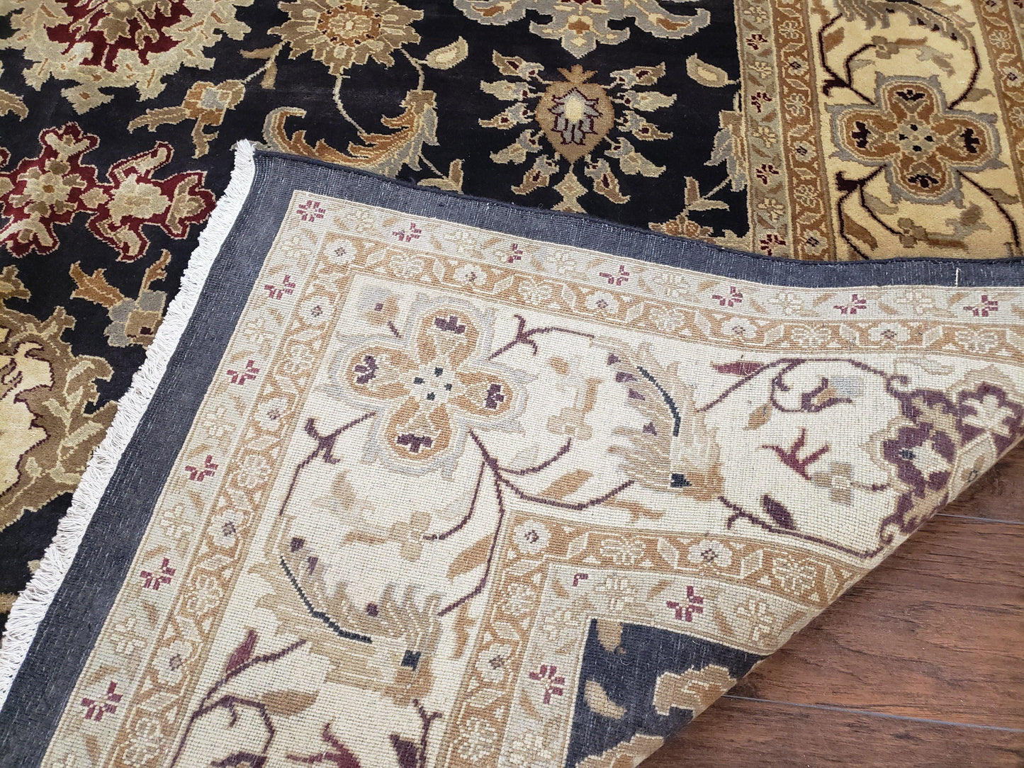 Indo Mahal Rug 8x12 Handmade Wool Area Rug With Black Floral Oriental For Dining Room