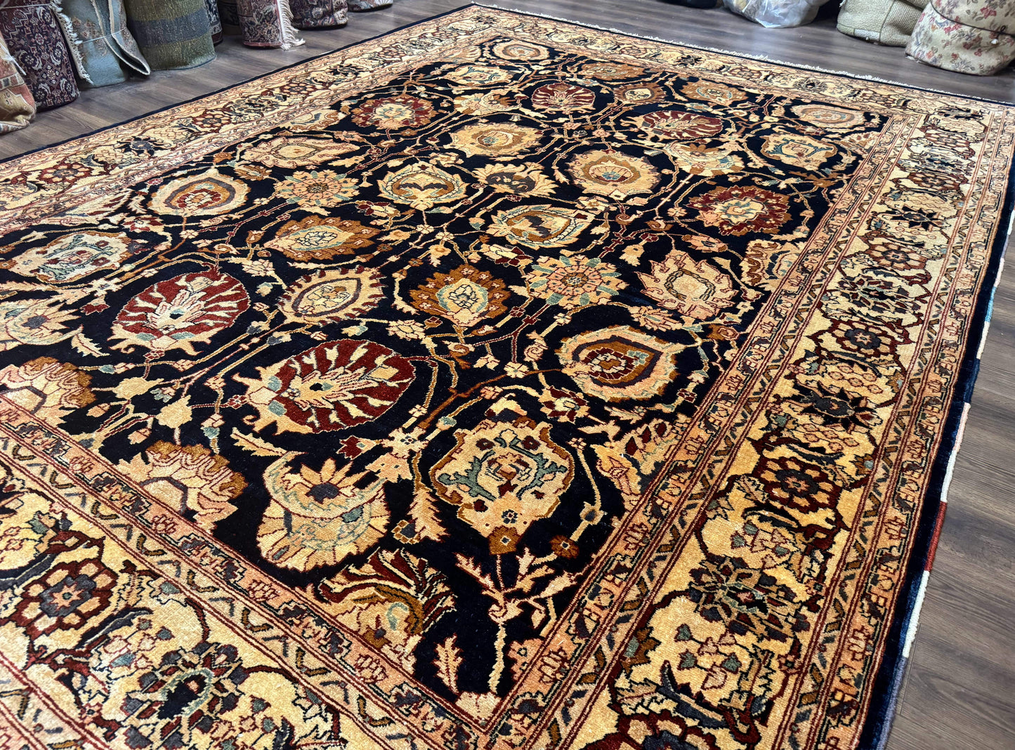 Persian Bidjar Rug 10x13 Midnight Blue And Tan Handmade Wool Pakistani Carpet