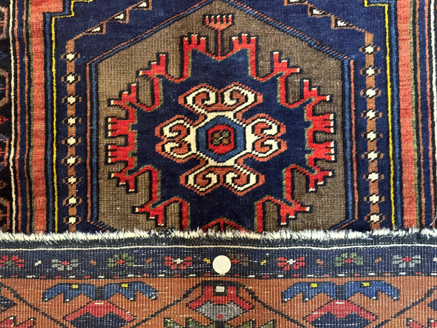 Persian Nahavand Rug 3x6 Geometric Medallion Village Tribal Design In Terracotta And Navy