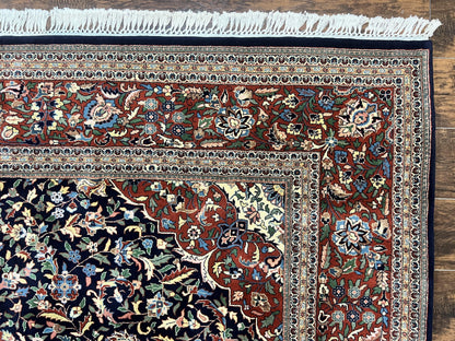 Indo Persian Rug 8x10 Floral Medallion Vintage Handmade Wool Carpet Navy Blue Red 300 KPSI