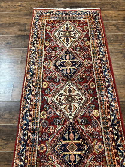 Antique Persian Qashqai Runner Rug 3 x 13 ft, Tribal Runner, Geometric Medallions, Red Ivory Blue, Wool