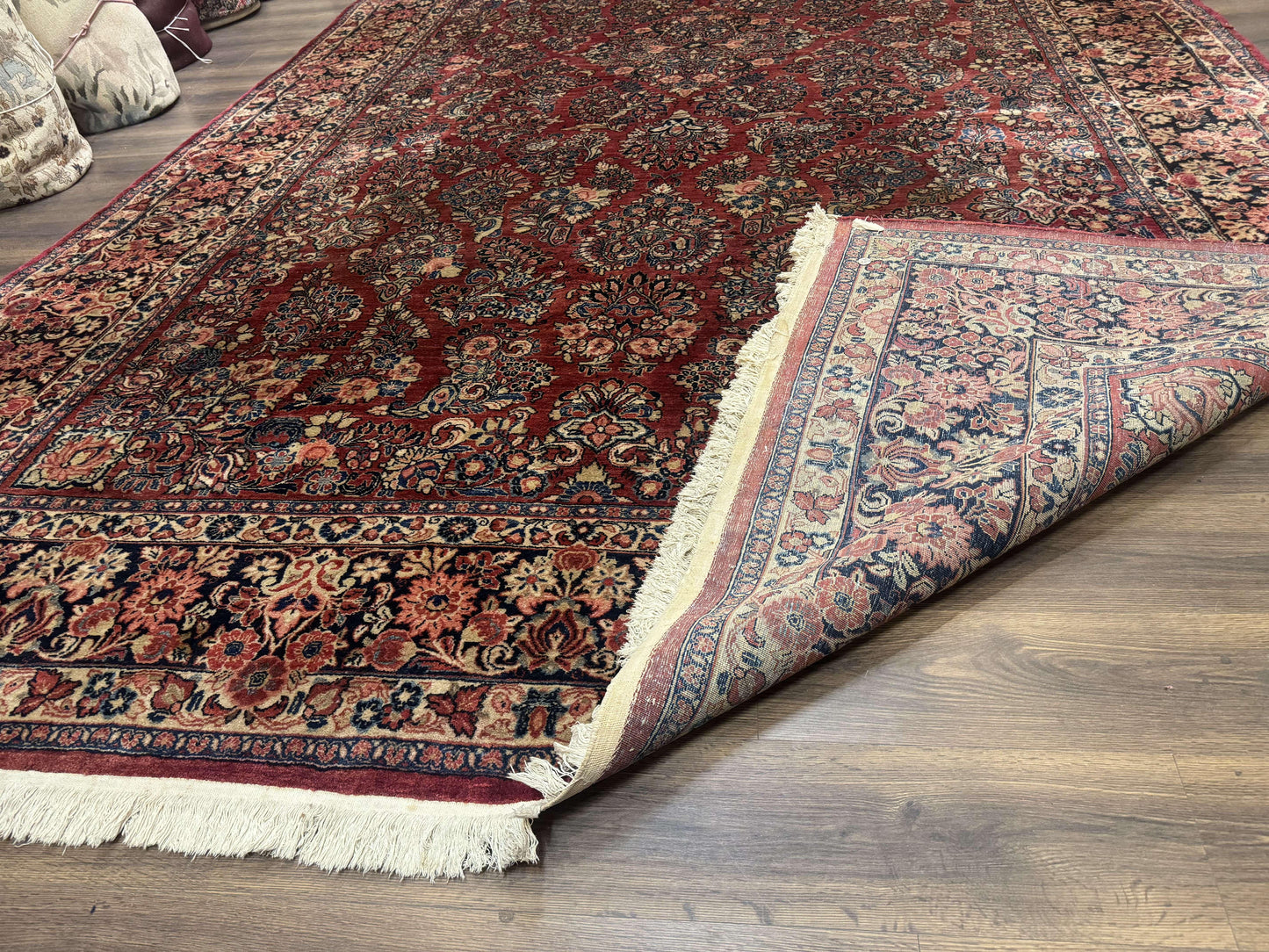 Persian Sarouk Rug 10x17 Large Handmade Wool Red Floral Allover Antique