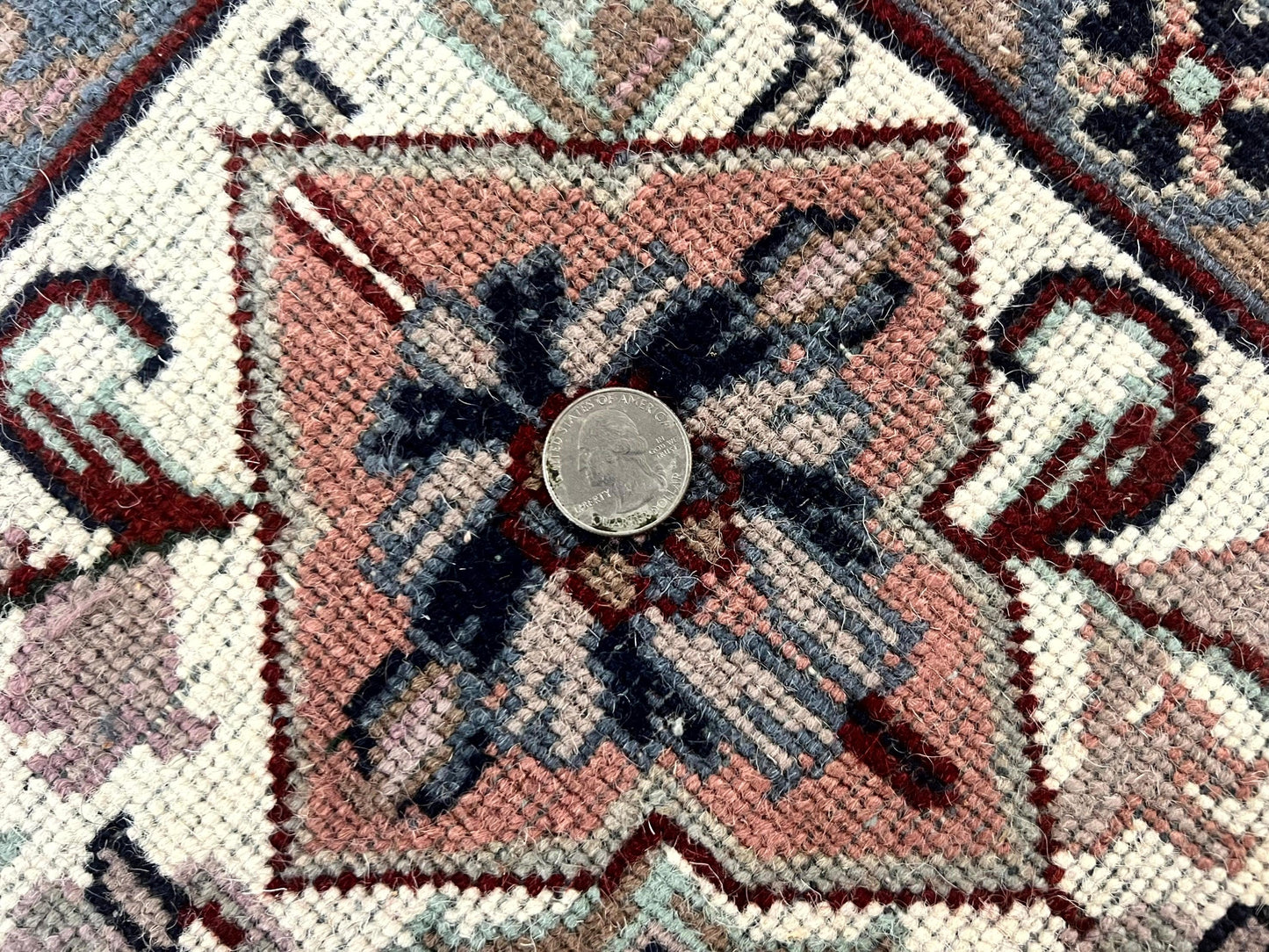 Indo Persian Rug 8x10, Repeated Allover Pattern, Navy Blue Ivory, Handmade Vintage Wool Carpet