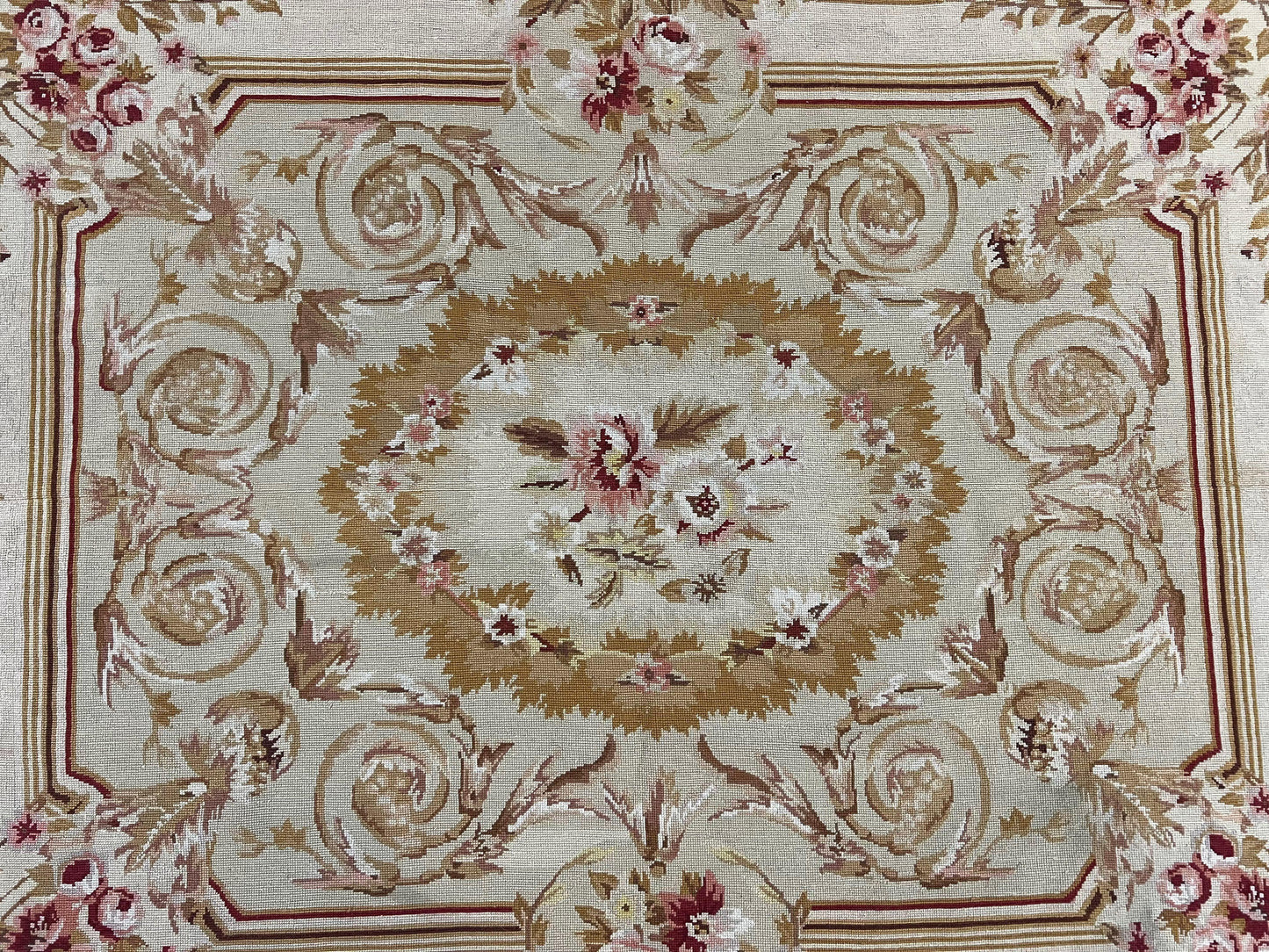 Aubusson Needlepoint Rug 4x5 Ft Beige Tan Vintage Wool Floral Rose European Design