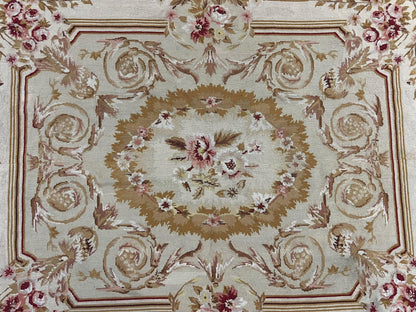 Aubusson Needlepoint Rug 4x5 Ft Beige Tan Vintage Wool Floral Rose European Design