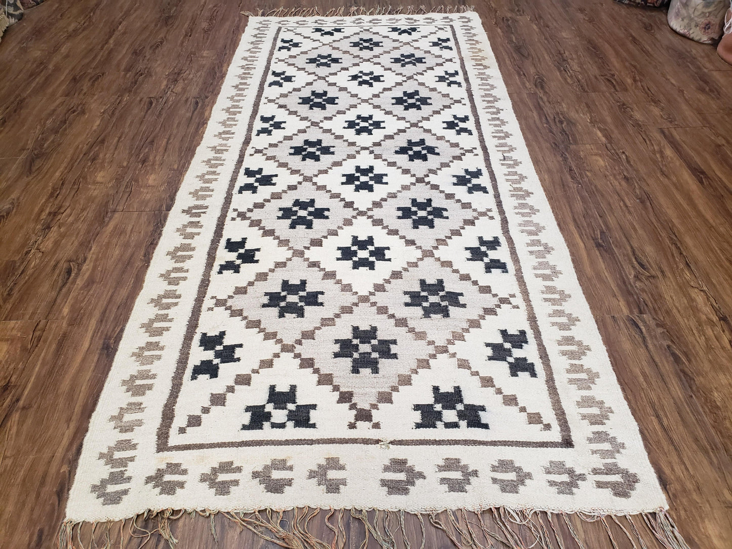 Semi Antique South American Handwoven Wool Kilim Rug 4x8 Runner Diamond Panel