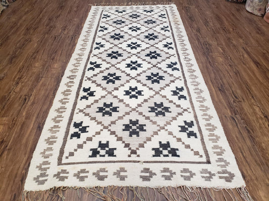 Semi Antique South American Handwoven Wool Kilim Rug 4x8 Runner Diamond Panel