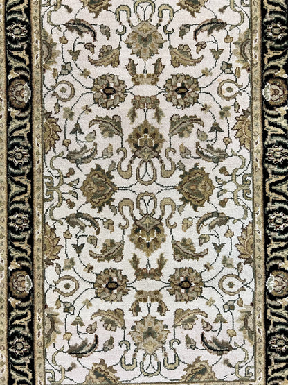 Small Indo Mahal Rug Hand Knotted Wool Vintage Oriental Carpet Beige Tan Black