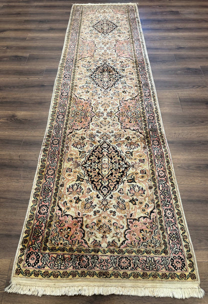 Silk Indian Kashmiri Runner Rug 2.7 x 9.8, Floral Medallions