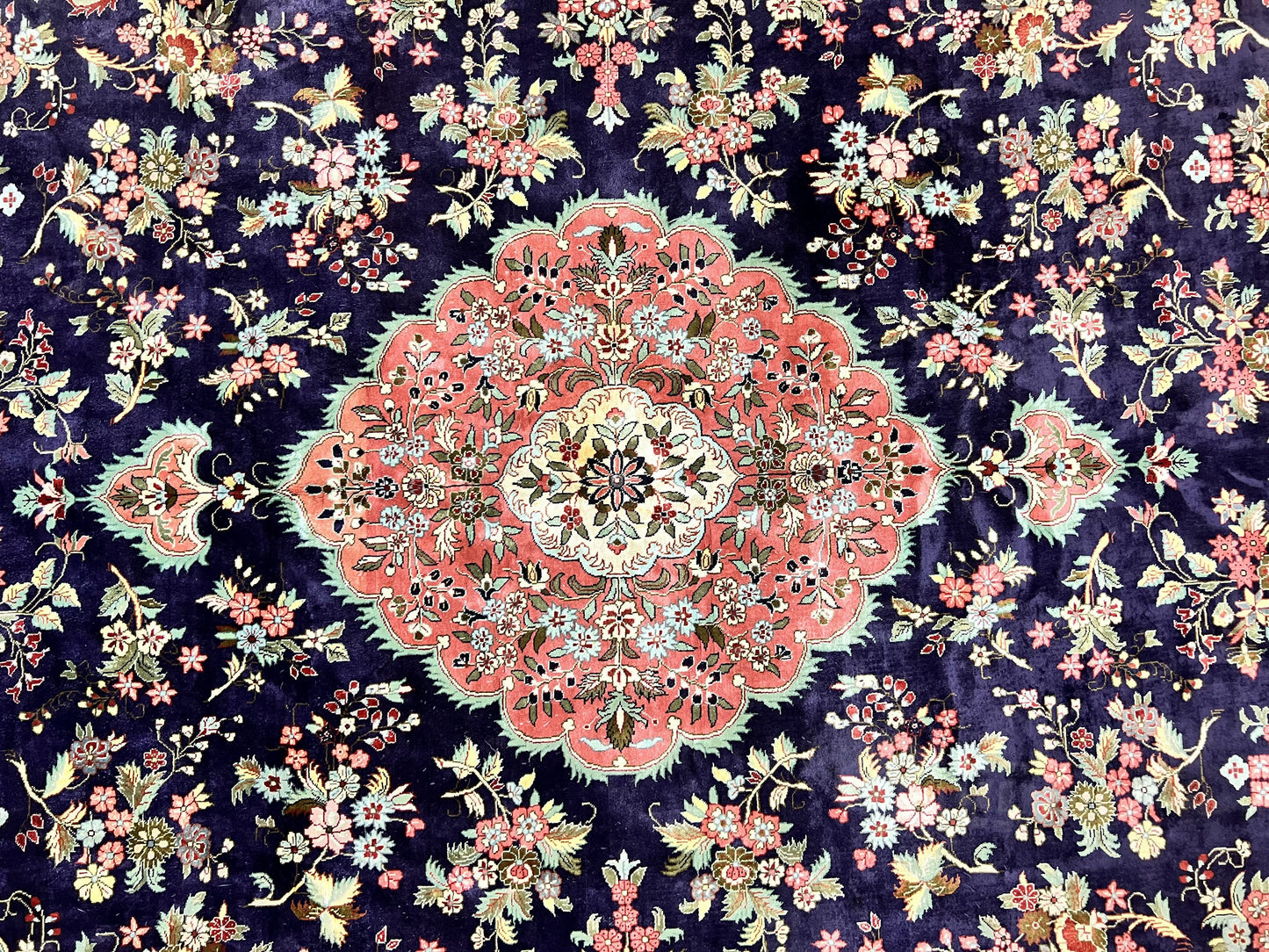 Silk Persian Qum Rug 7x9 Hand Knotted Navy Blue Salmon Floral Medallion Authentic Oriental Carpet
