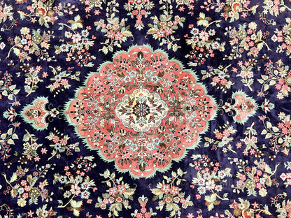 Silk Persian Qum Rug 7x9 Hand Knotted Navy Blue Salmon Floral Medallion Authentic Oriental Carpet